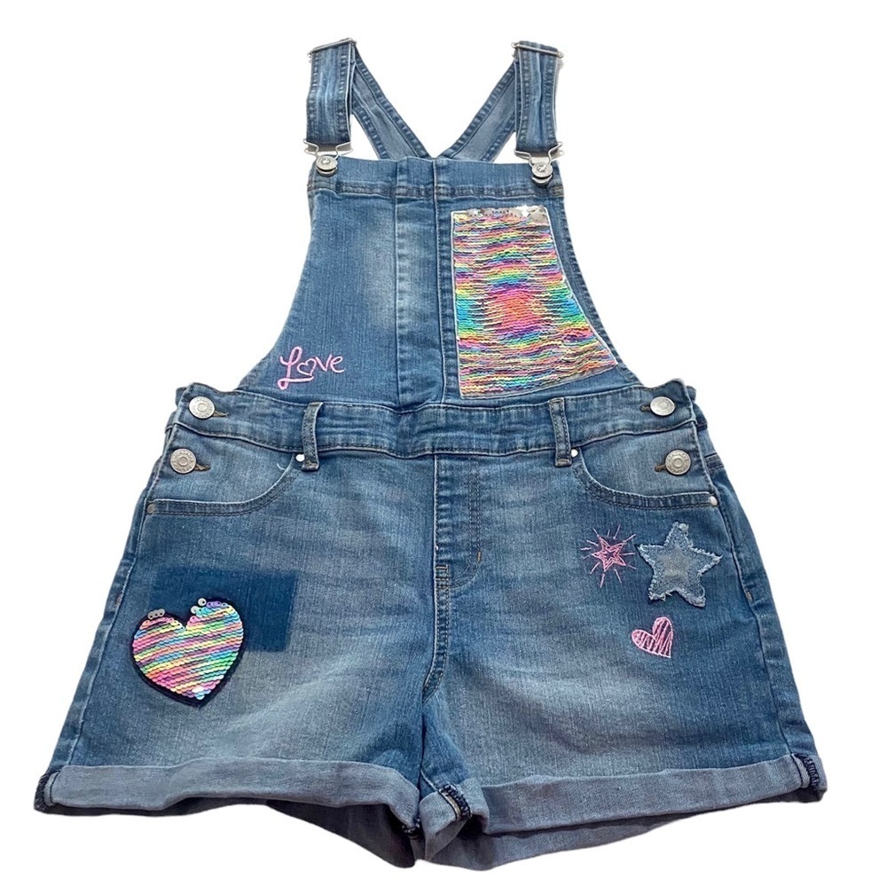 Jordache Blue Denim Short Jeans Overall Jumper Sz Girls XL Rolled Cuff Patches